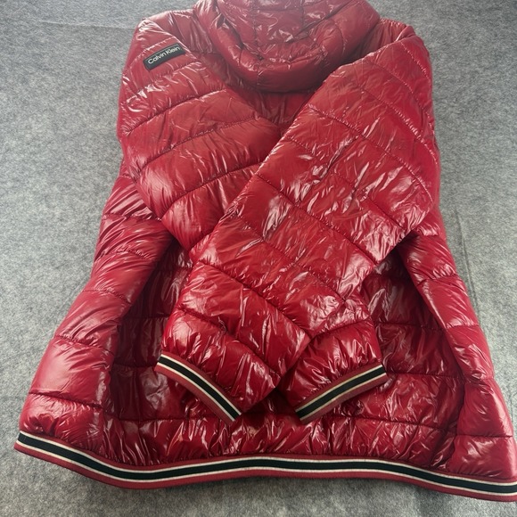 Calvin Klein Beautiful Shiny Red Puffer Coat‎ Varsity Stripe Trim XXL 100% Nylon - Picture 1 of 13